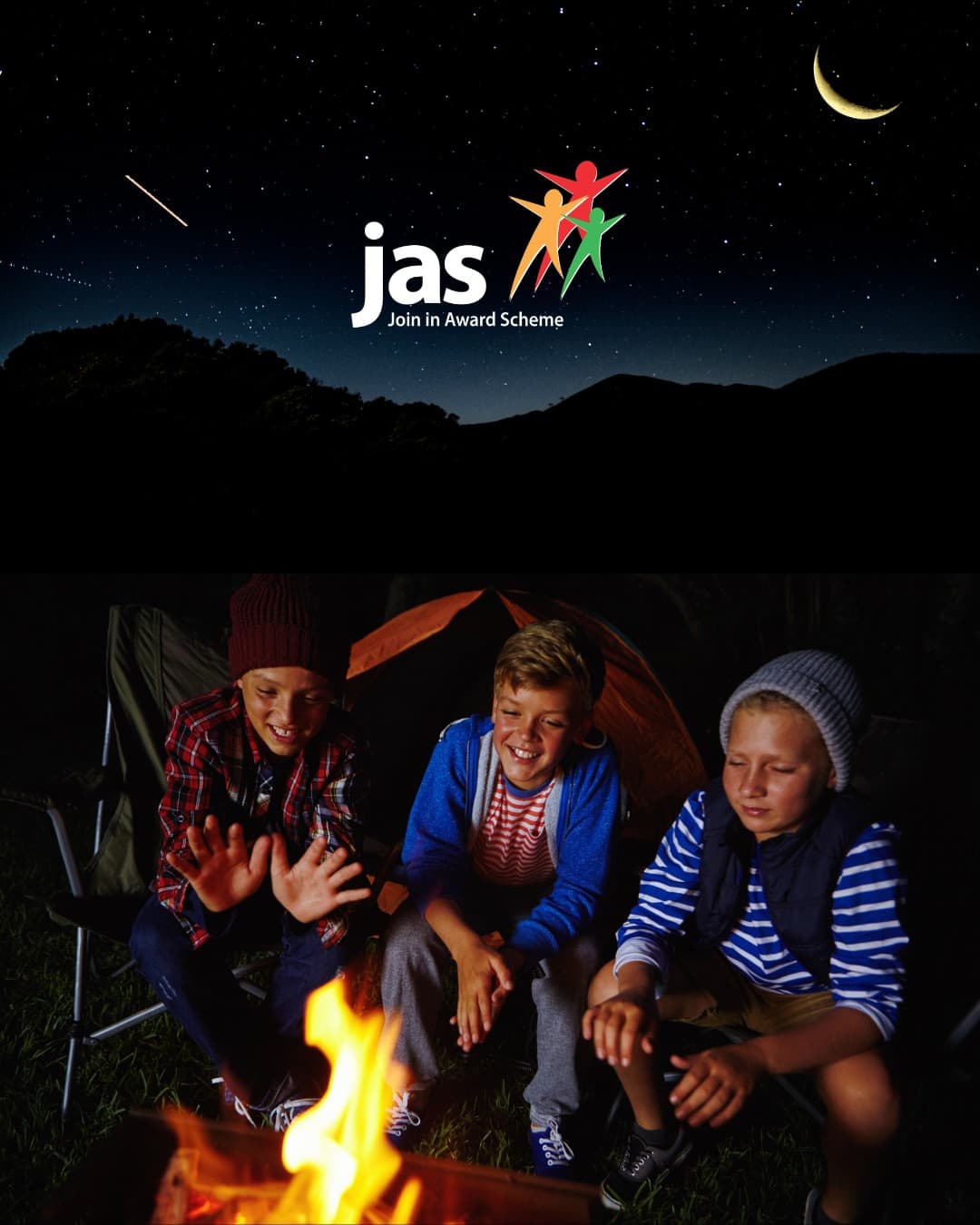 Join in Award Scheme banner — a young child reading and a family hiking through the forest